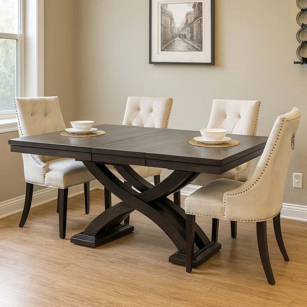 Elegant Dark-Stained Solid Wood Furniture Dining Table With A Distinctive X-Shaped Pedestal Base And Extension Leaves, Surrounded By Four Upholstered Dining Chairs With Decorative Nailhead Trim, Set On A Light Wooden Floor Beside A Window.