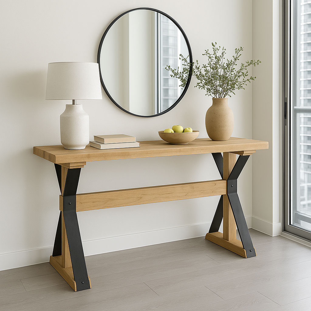 Modern Rustic Console Table Crafted From Light-Toned Solid Wood, Featuring Sturdy Black Metal X-Shaped Legs, Styled With A Round Black Mirror, A White Ceramic Lamp, Books, A Wooden Bowl Of Green Apples, And A Textured Vase With Greenery, All Against A White Wall In A Bright Room With A Large Window.