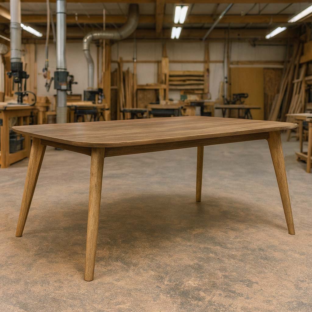 Solid Wood Dining Table With Tapered Legs And Rounded Corners Standing In A Workshop.