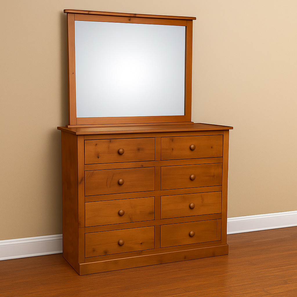 A Traditional Honey-Colored Pine Dresser With A Large Rectangular Mirror Attached To The Top. The Dresser Features Eight Drawers In Total: Two Smaller Top Drawers And Six Larger Drawers Below, All With Matching Round Wooden Knobs.